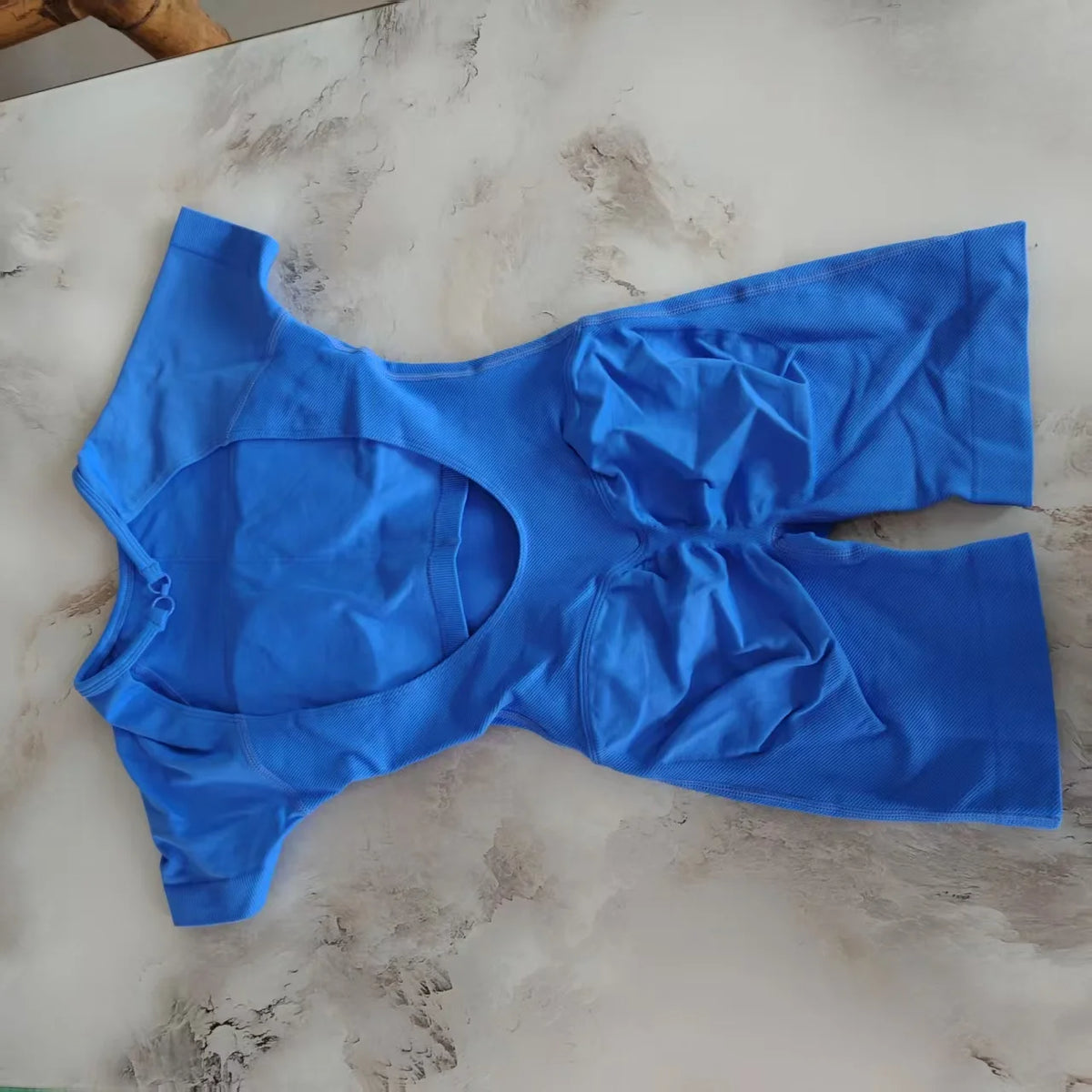 DF L0G0 Short Sleeve Seamless Yoga Bodysuit Backless Built-in Bra One Piece Romper Tummy Control Butt Lift Squat Proof Gym