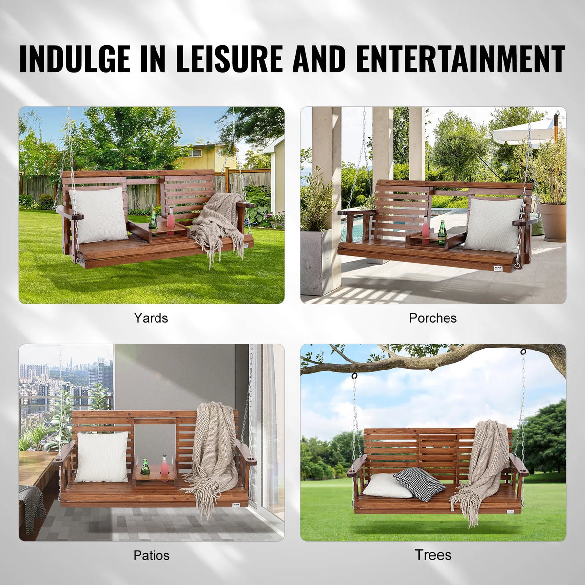 SucceBuy Outdoor Wood Porch Swing With Heavy Steel Chains