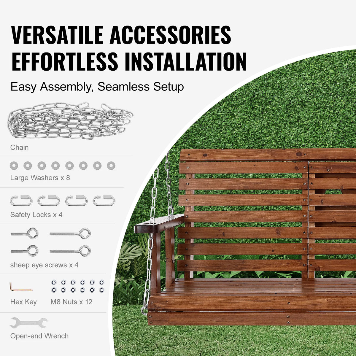 SucceBuy Outdoor Wood Porch Swing With Heavy Steel Chains