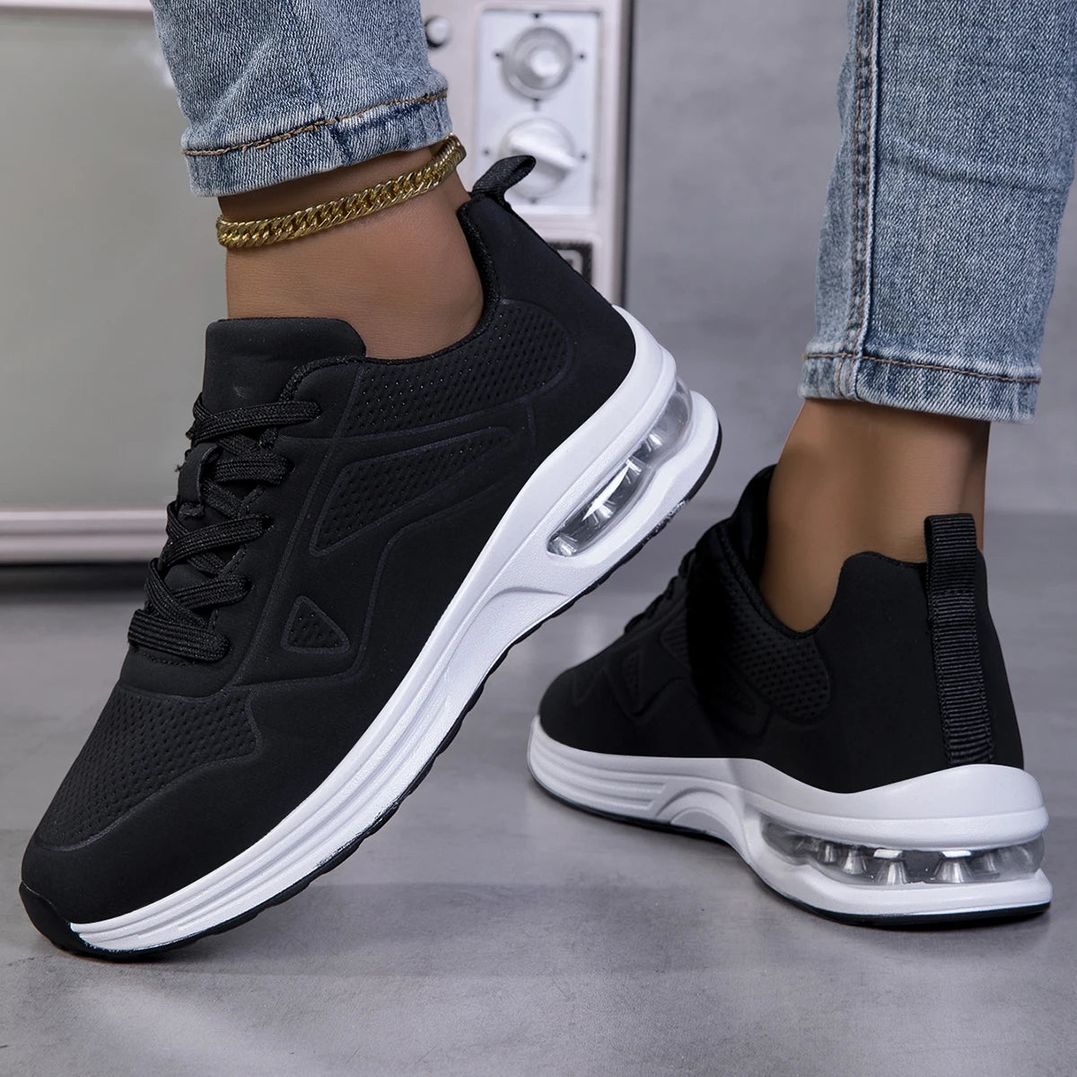 Women Solid Color Air Cushion Walking Sneakers Breathable Soft Upper Shock Absorb Non Slip Lace Up Lightweight Sports Shoes Gym Jogging Travel Daily Casual Running Footwear 2026 New