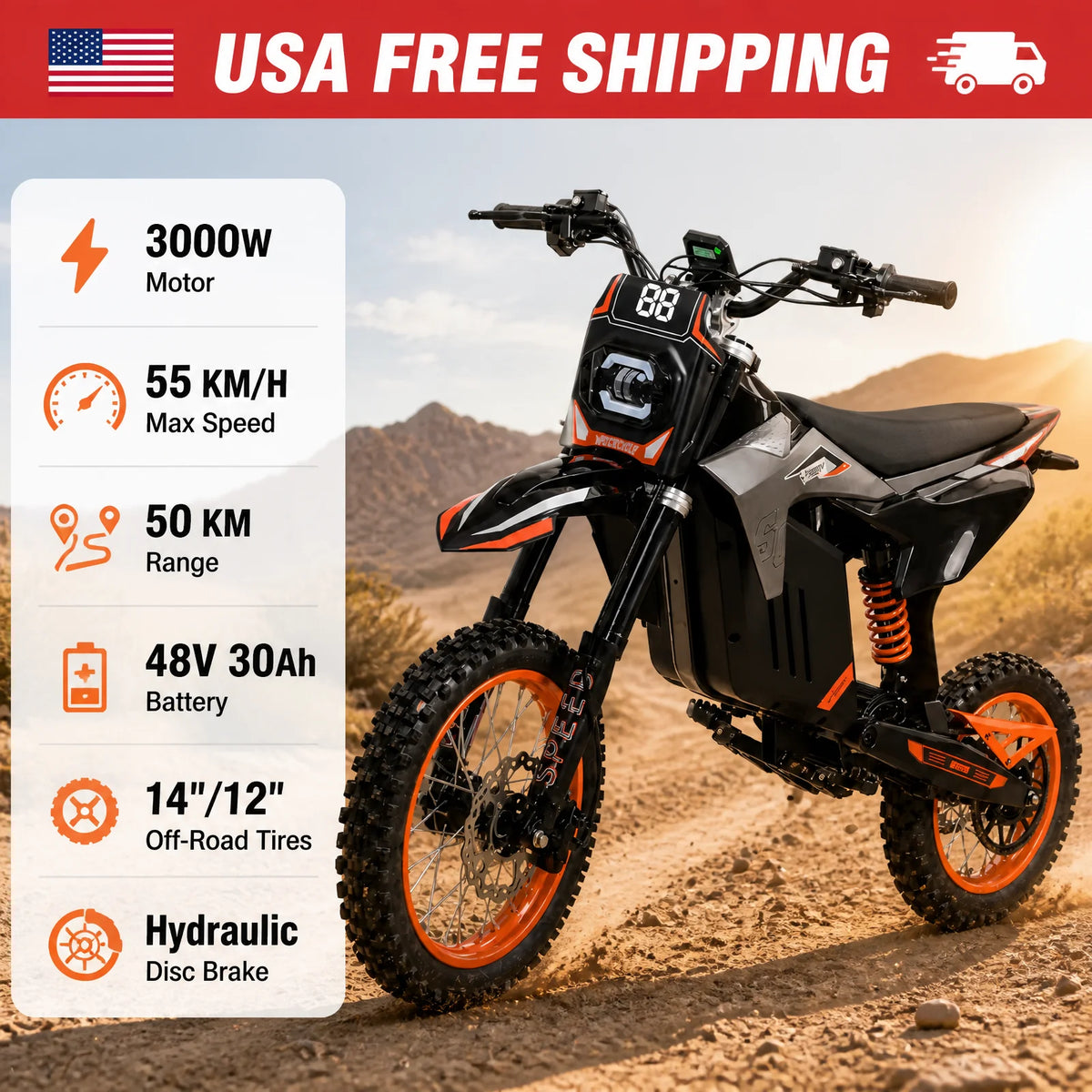 3000W Adults Electric Scooter 48V 30Ah Battery 55KM/H Off Road E-Scooter Hydraulic Brake Dual Suspension Mid Drive