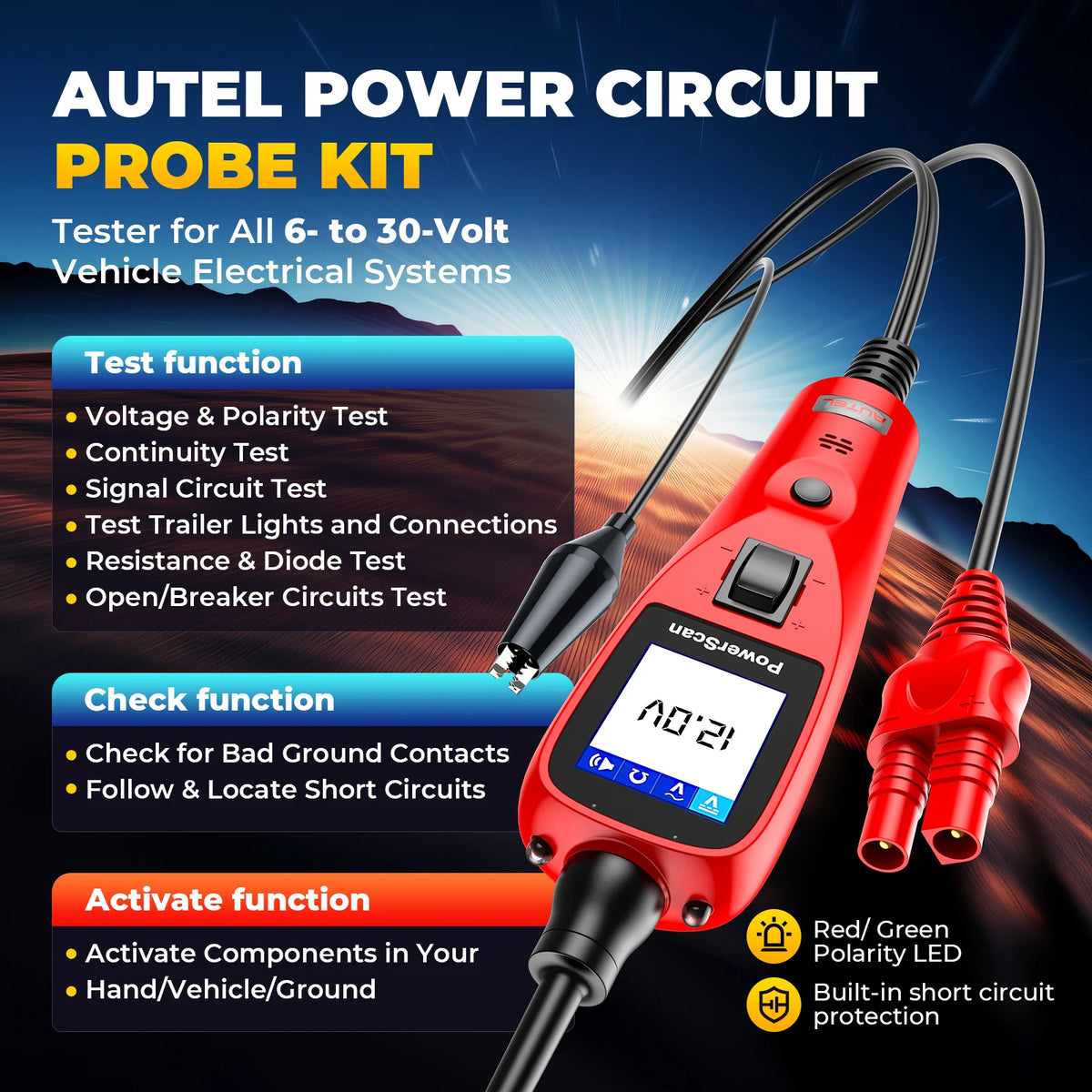 Autel Power Scan PS100 Car Circuit Tester, Universal 12V 24V Automotive Power Circuit Probe Kit with 40FT Cable, AC/DC/Continuity/Probe/Signal Test, Activate Component Electrical System Tool