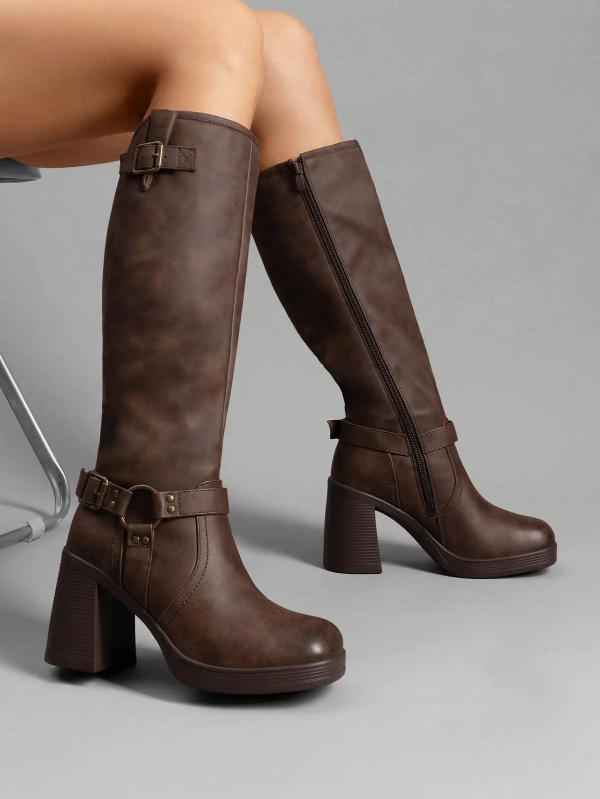 Women's Chunky Heel Platform Knee-High Boots Square Toe Side Zipper Adjustable Straps Buckle Decorated Motorcycle Riding Boots Brown Boots