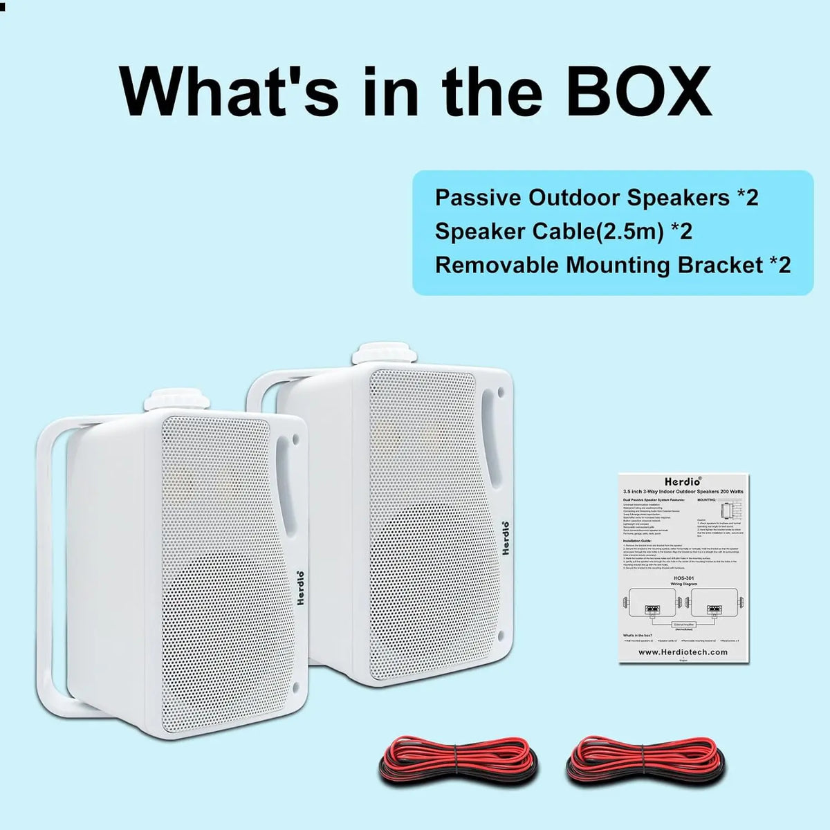 Herdio 3.5‘’ Outdoor Speakers Passive Wired Waterproof 200W 3 Way Premium Mountable Wall Mount Speakers With Superior Sound 2PCS