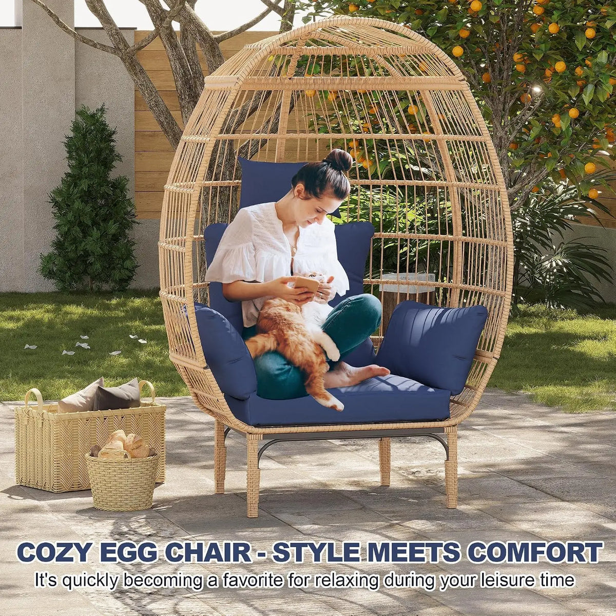 Garvee Hammock Rocking Chair Cushion Egg‑Shaped Lounge Chair  for Garden Living Room Decoration Iron‑Frame with Navy Cushion Hanging Hammock Chair