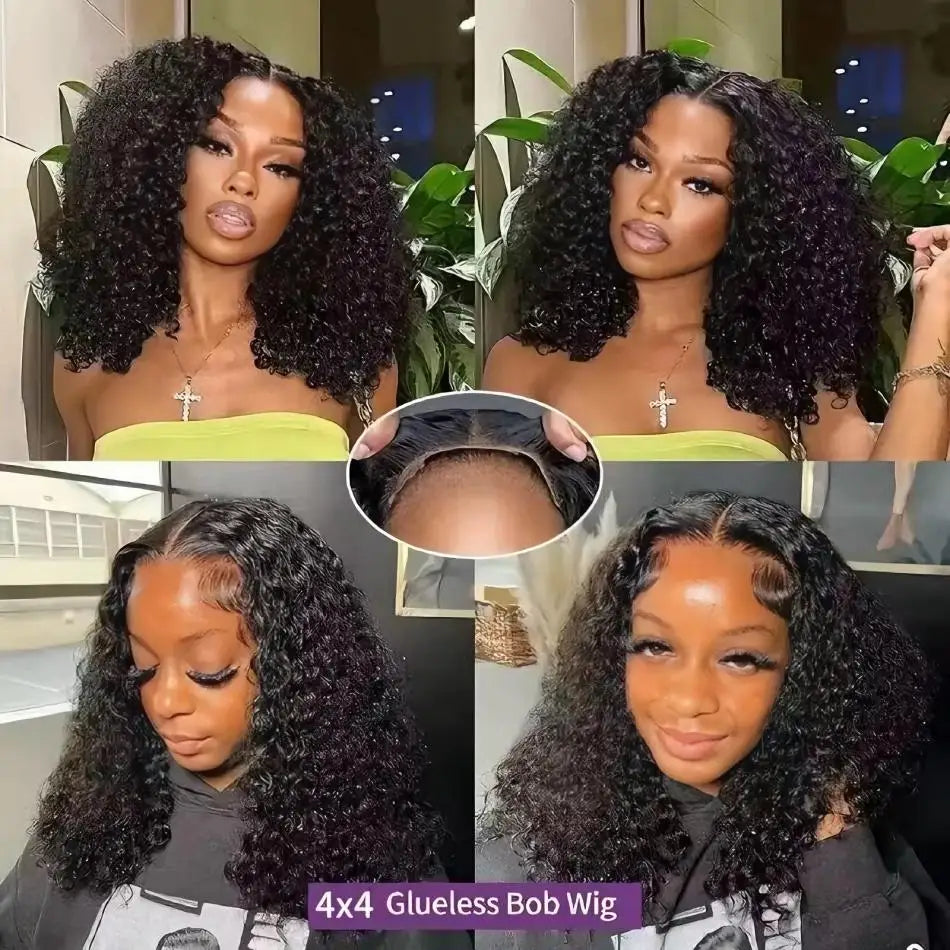Plixir Curly Glueless Human Hair Bob Wig With Swiss Lace