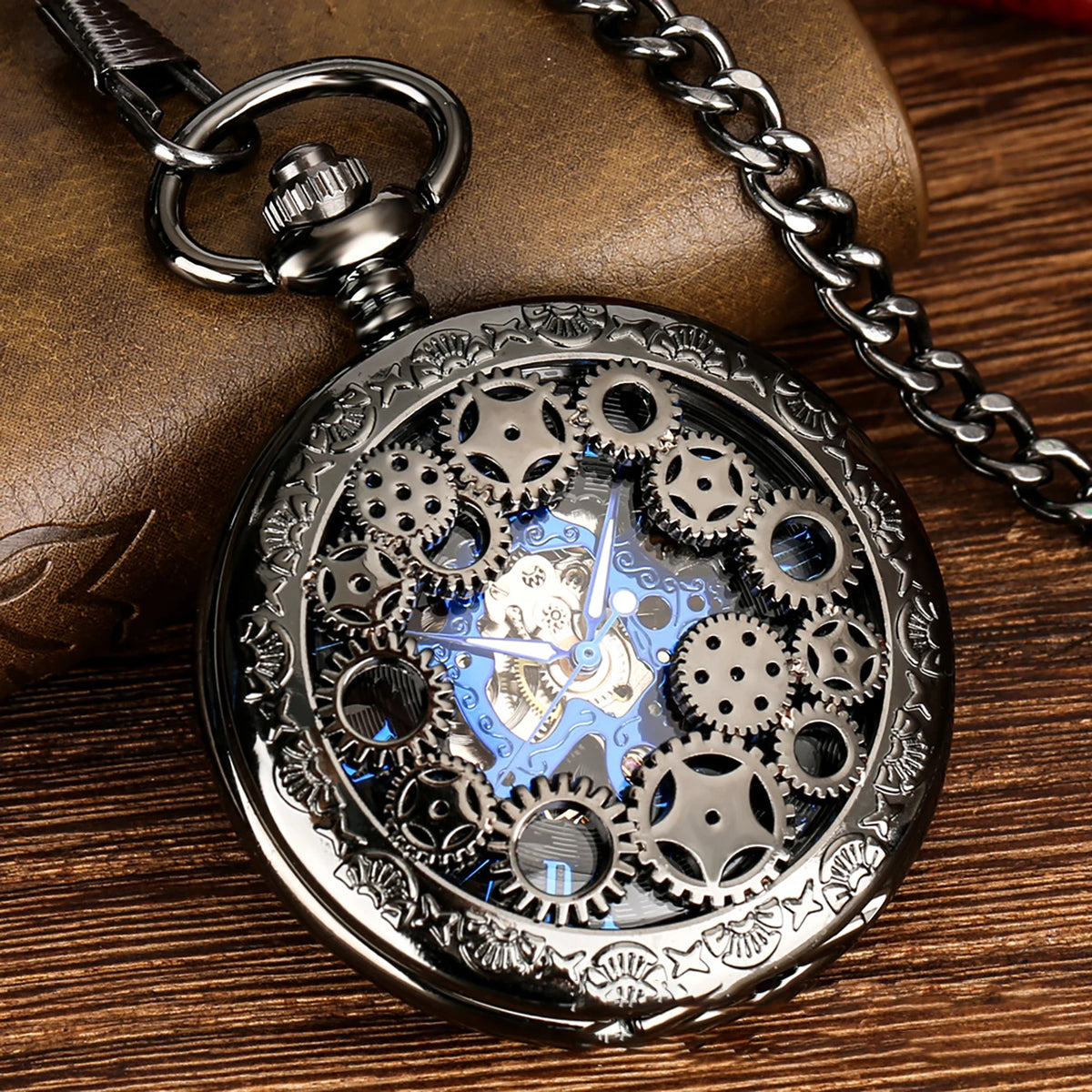 Vintage Hand-Wind Skeleton Pocket Watch Roman Numeral Dial, Mechanical Pocket Watch with Chain for Men Gift