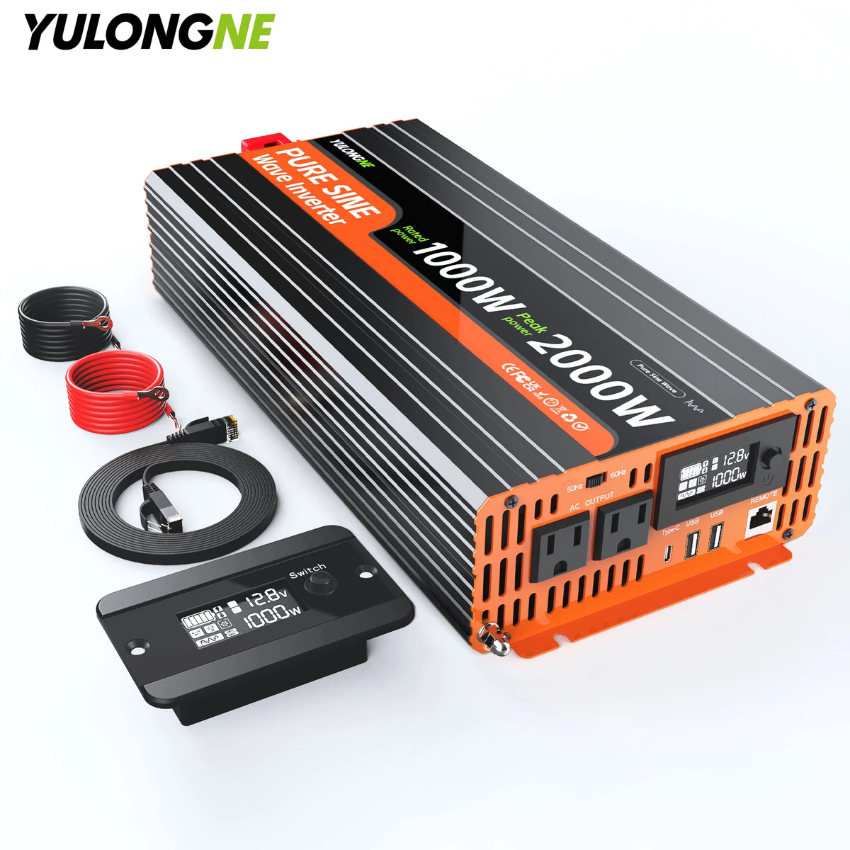 YULONGNE 1000W Pure Sine Wave Inverter DC 12V to AC 110V Power Inverter, Peak 2000W Car Inverter with LCD Display, Remote Control, 2 US AC Outlets, USB‑C USB Ports for RV Solar Off‑Grid Truck Camping Home Emergency Power