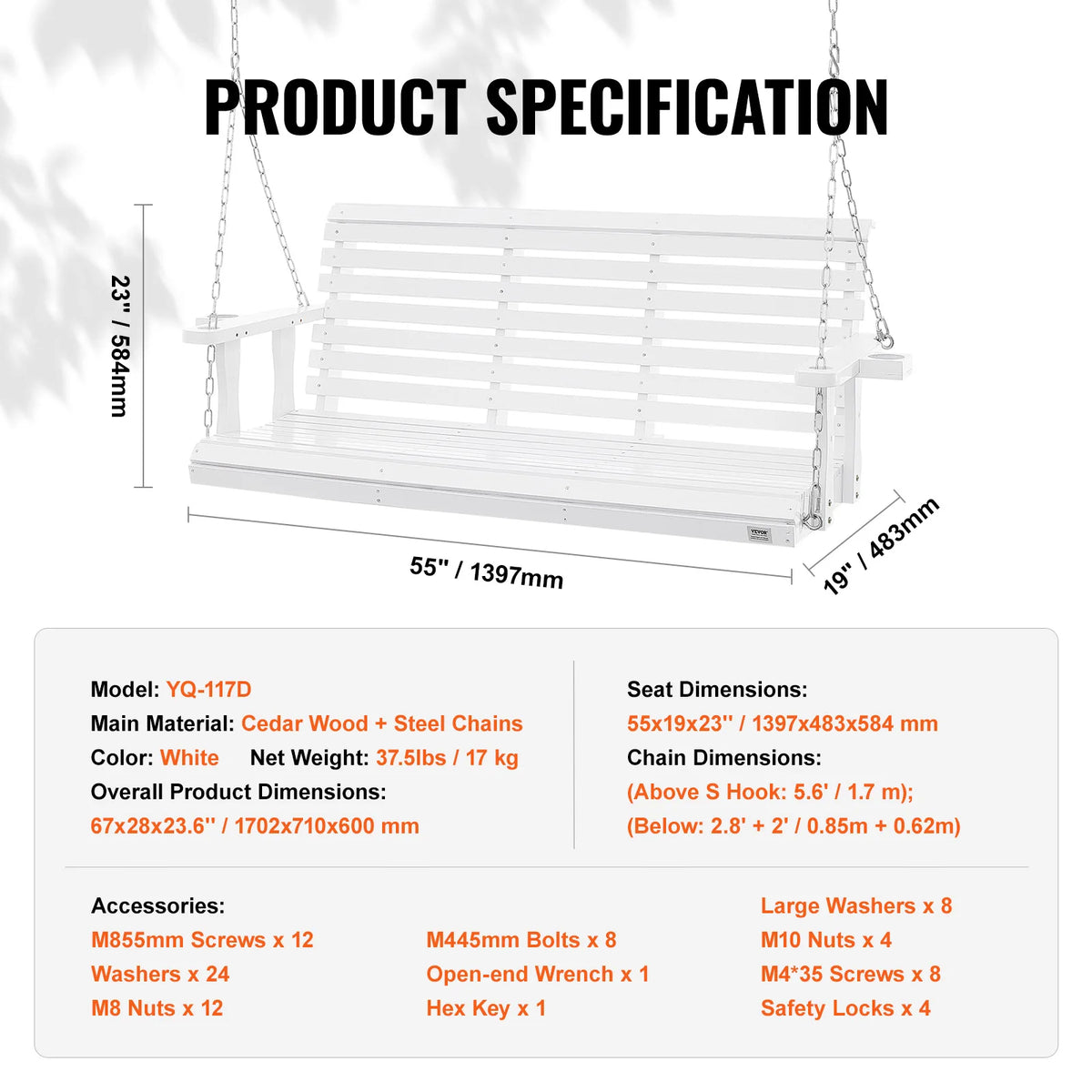 SucceBuy Outdoor Wood Porch Swing With Heavy Steel Chains