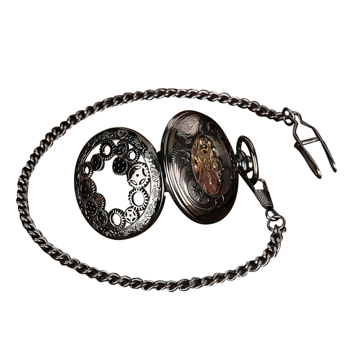 Vintage Hand-Wind Skeleton Pocket Watch Roman Numeral Dial, Mechanical Pocket Watch with Chain for Men Gift
