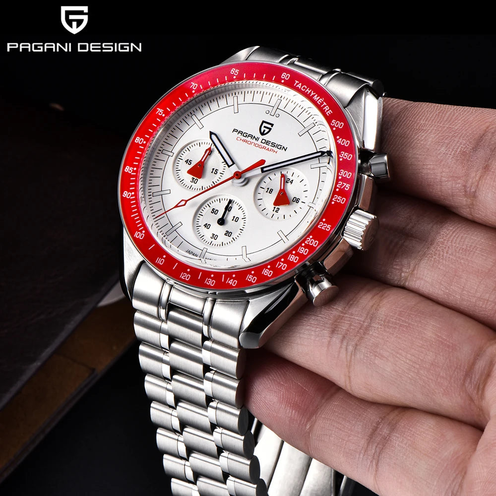 PAGANI DESIGN New Retro Red Watch Luxury Quartz Watches For Men Stainless Steel Luminous AR Sapphire Crystal Chronograph Man