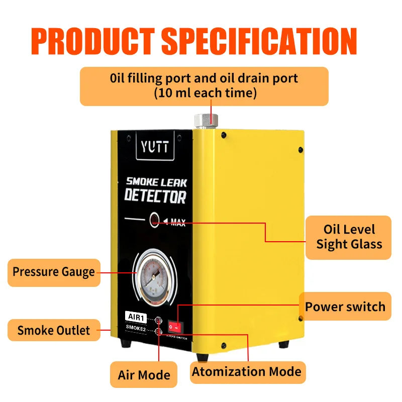 YUTT YTA02 Automotive Smoke Leak Detector Machine, Dual Air Mode & Smoke Mode Leak Tester with Built-in Pressure Gauge, EVAP Fuel Vacuum Pipeline Diagnostic Toolkit, Universal Compatible with All 12V Cars, Full Accessories In