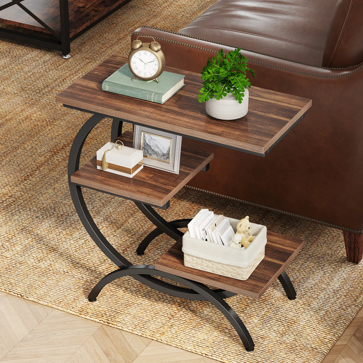 Tribesigns Industrial C-Shaped End Table With Three Storage Shelves
