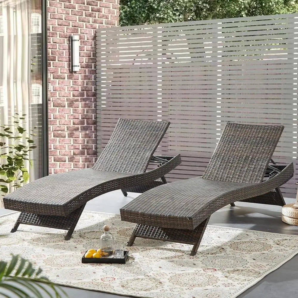 Outdoor Wicker Rattan Reclining Chaise Lounge Set With Bamboo Frame