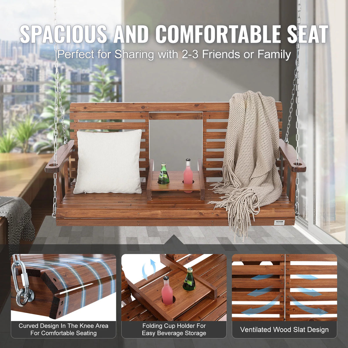 SucceBuy Outdoor Wood Porch Swing With Heavy Steel Chains