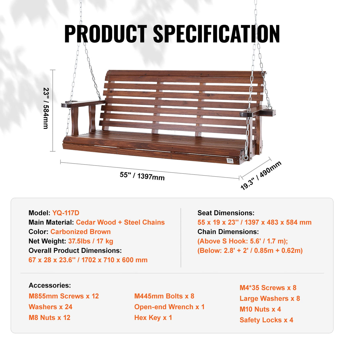 SucceBuy Outdoor Wood Porch Swing With Heavy Steel Chains