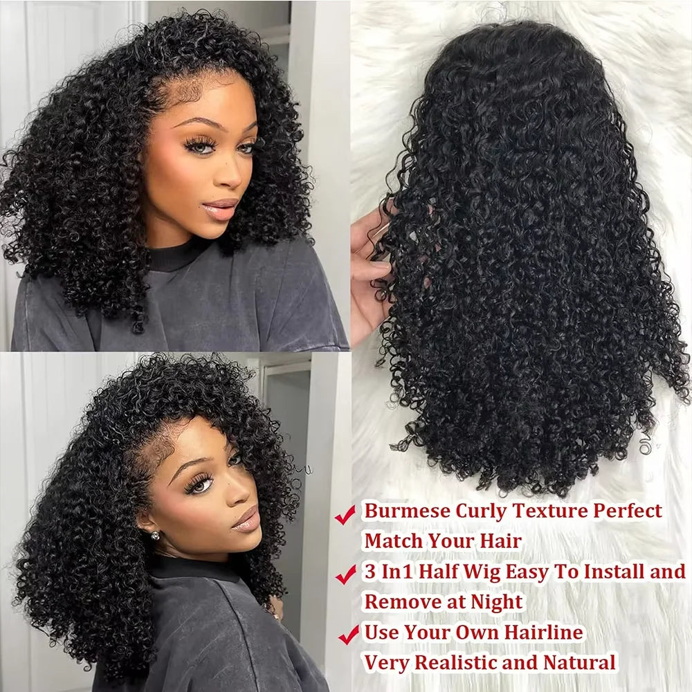 TAHIKIE Remy Curly Human Hair Three In One Half Wig