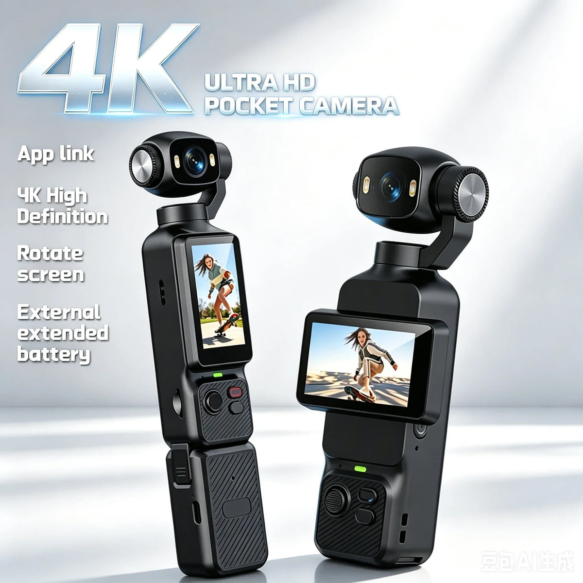 4K Handheld Action Camera With Rotatable Lens And Fill Light