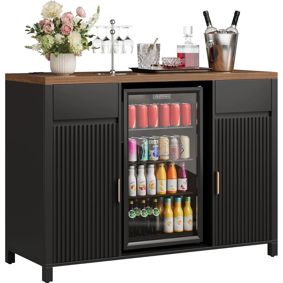 HiMISS Fluted Coffee Bar With Mini Fridge And Wine Storage