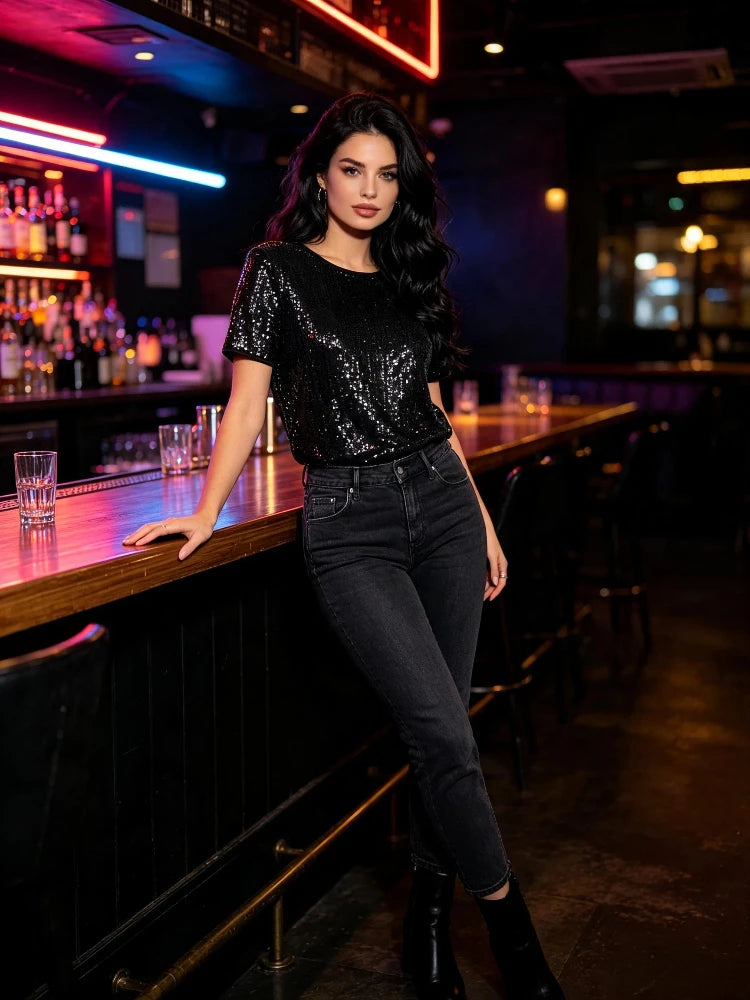 Women's Black Sequin Short Sleeve T-Shirt Round Neck Loose Glitter Top for Party Club Night Out