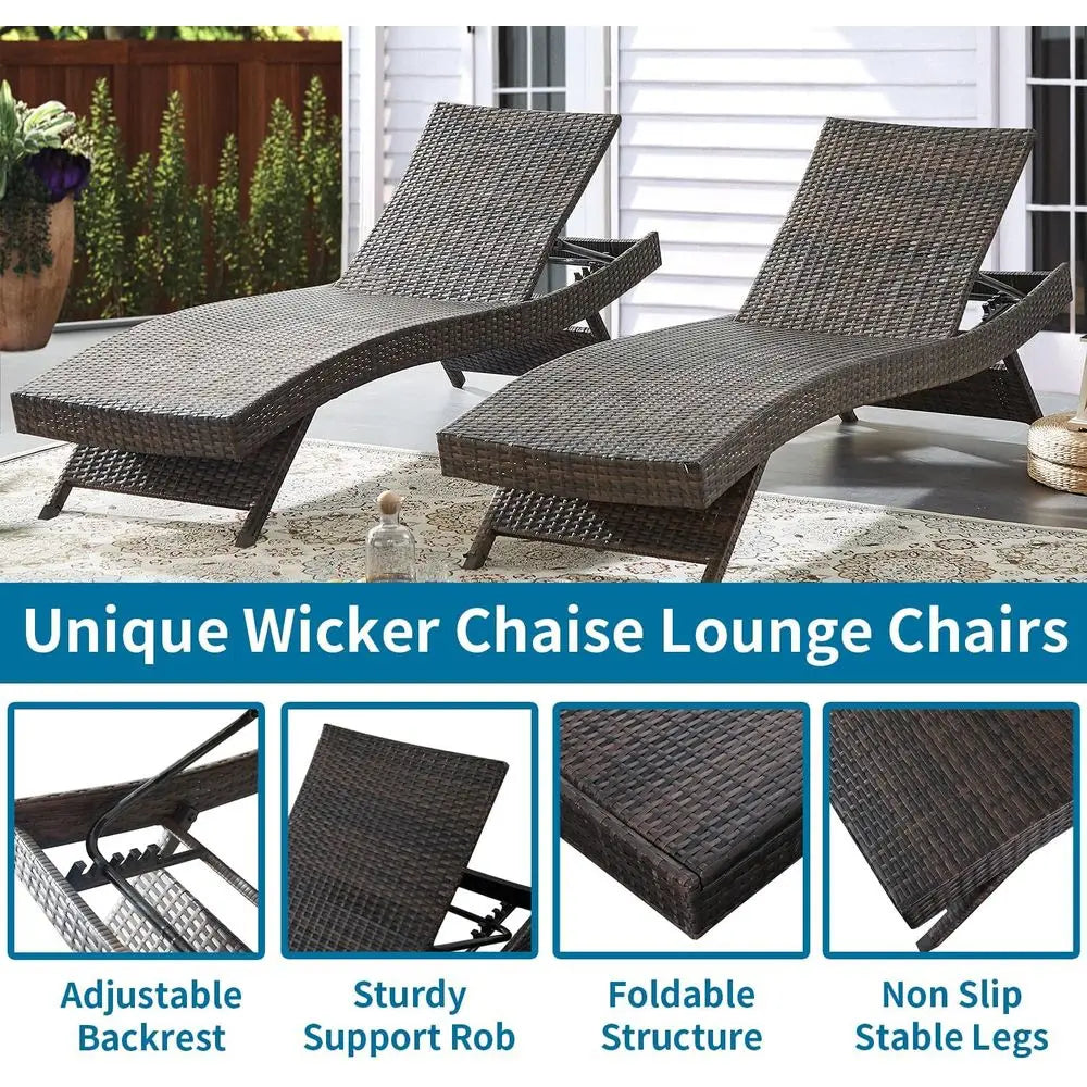 Outdoor Wicker Rattan Reclining Chaise Lounge Set With Bamboo Frame