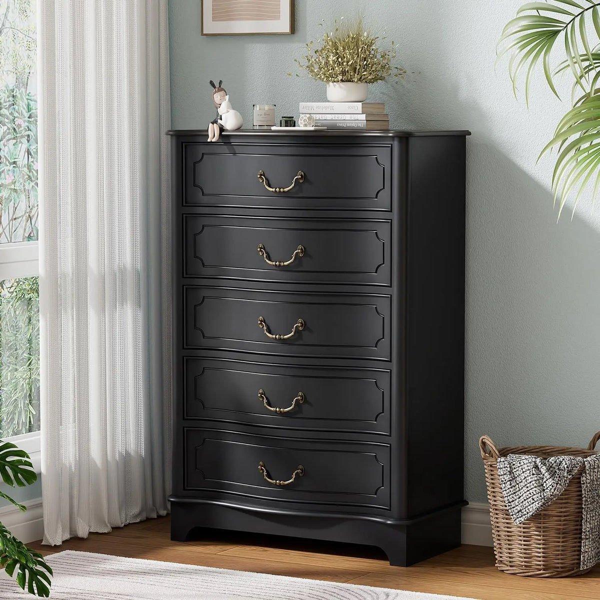 Farmhouse Five Drawer Bedroom Dresser With Rustic Wood Storage