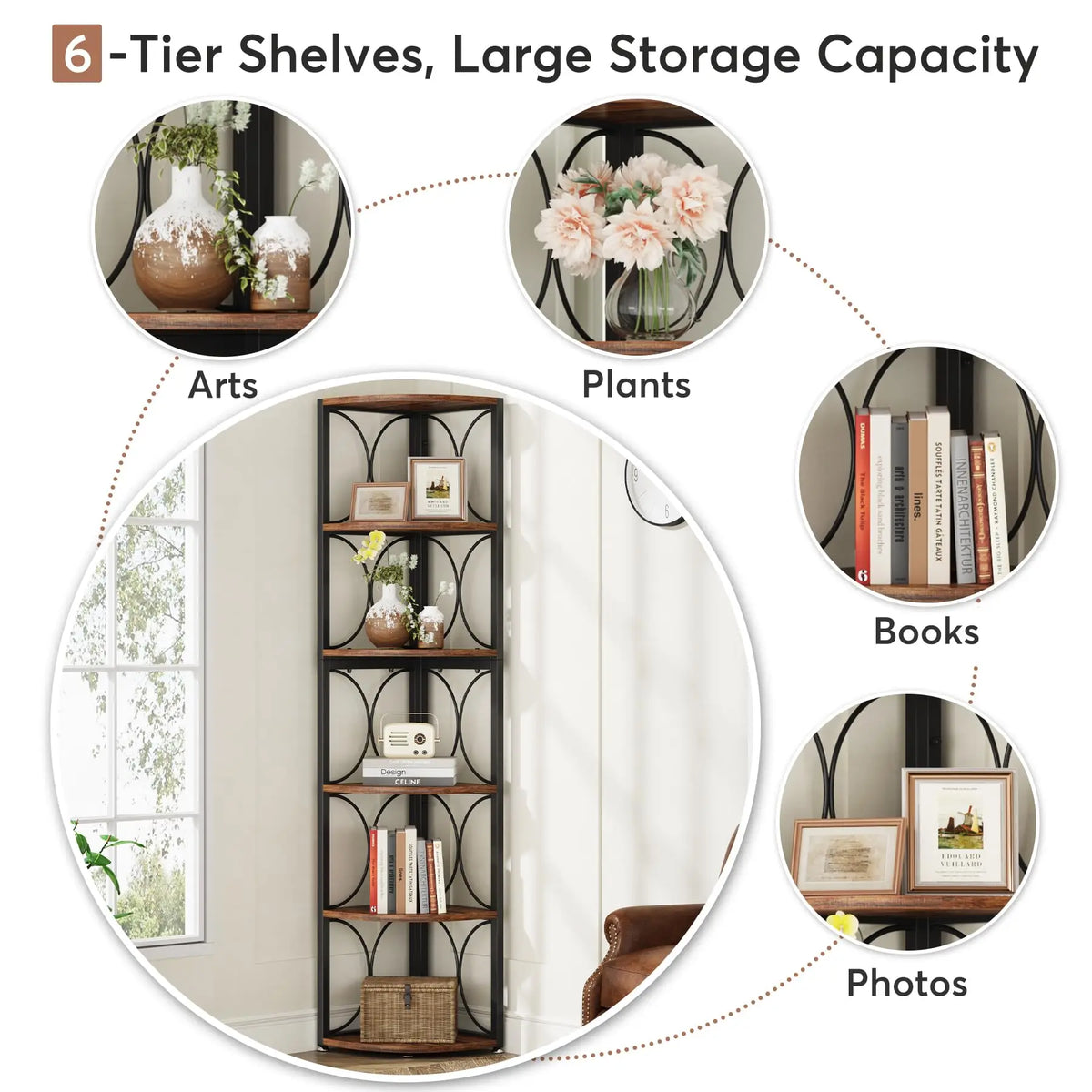 Tribesigns Rustic Six Tier Corner Bookshelf Storage Shelving Unit