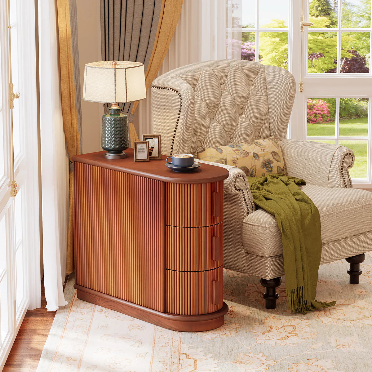 Tribesigns Solid Wood Three Drawer Oval End Table for Sofa Side Seating