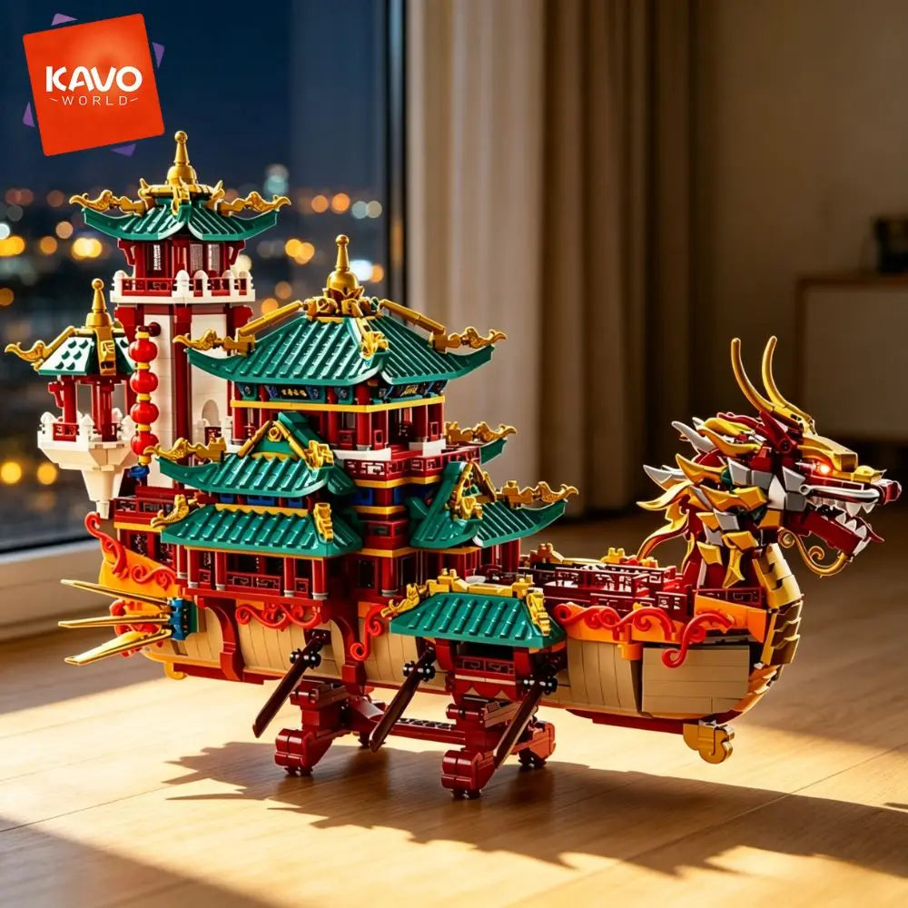KAVOWORLD 2453pcs Dragon Boat Building Blocks Festival Chinese Ancient Pavilion Ship Display Model with LED Light Traditional DIY Loong Vessel Brick Assembly Puzzle Set Home Ornament Architecture MOC Construction Kit Hallowee