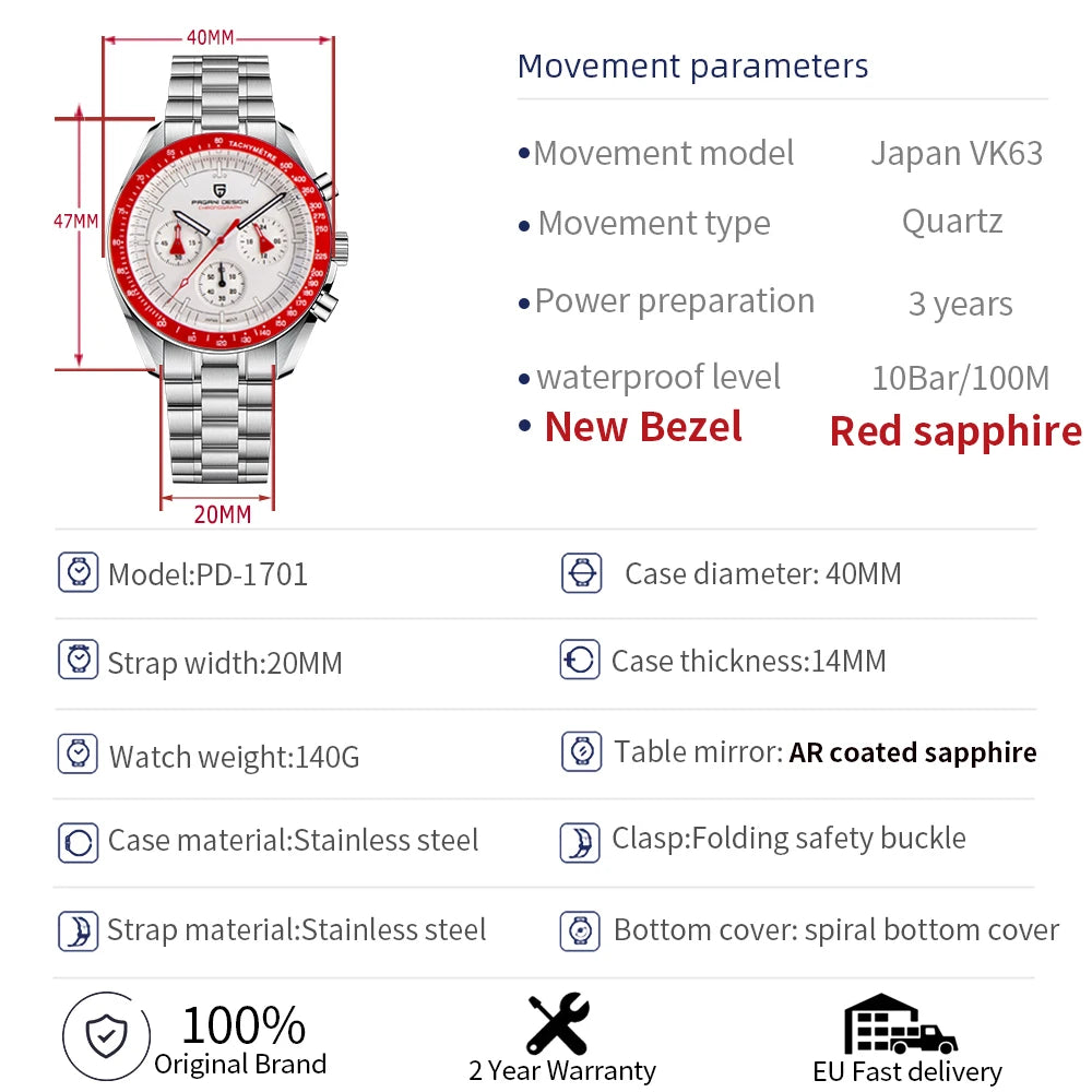 PAGANI DESIGN New Retro Red Watch Luxury Quartz Watches For Men Stainless Steel Luminous AR Sapphire Crystal Chronograph Man