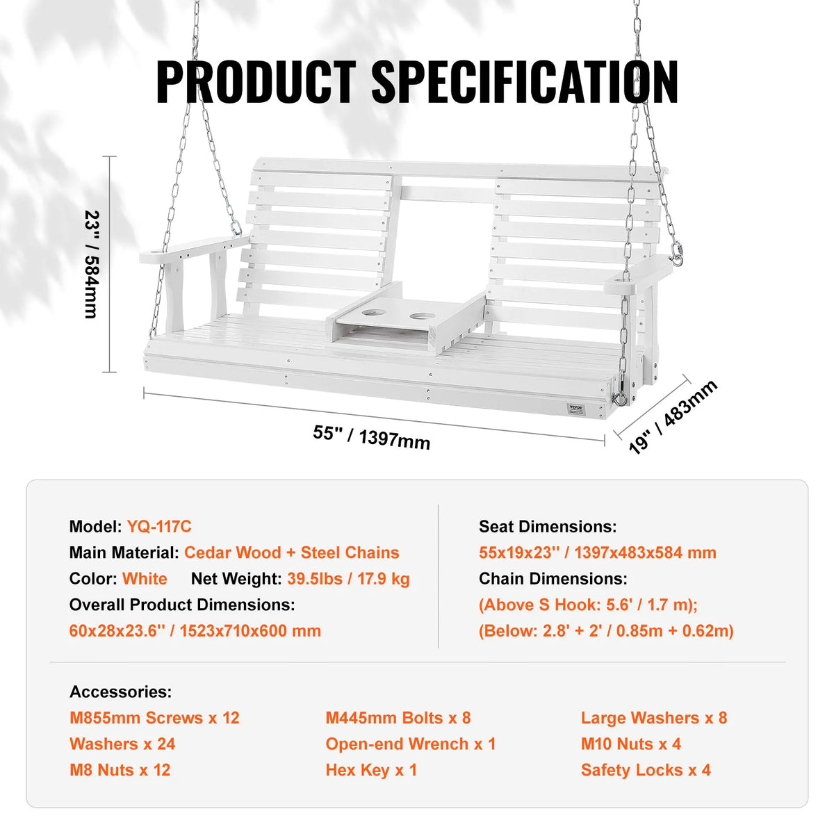SucceBuy Outdoor Wood Porch Swing With Heavy Steel Chains