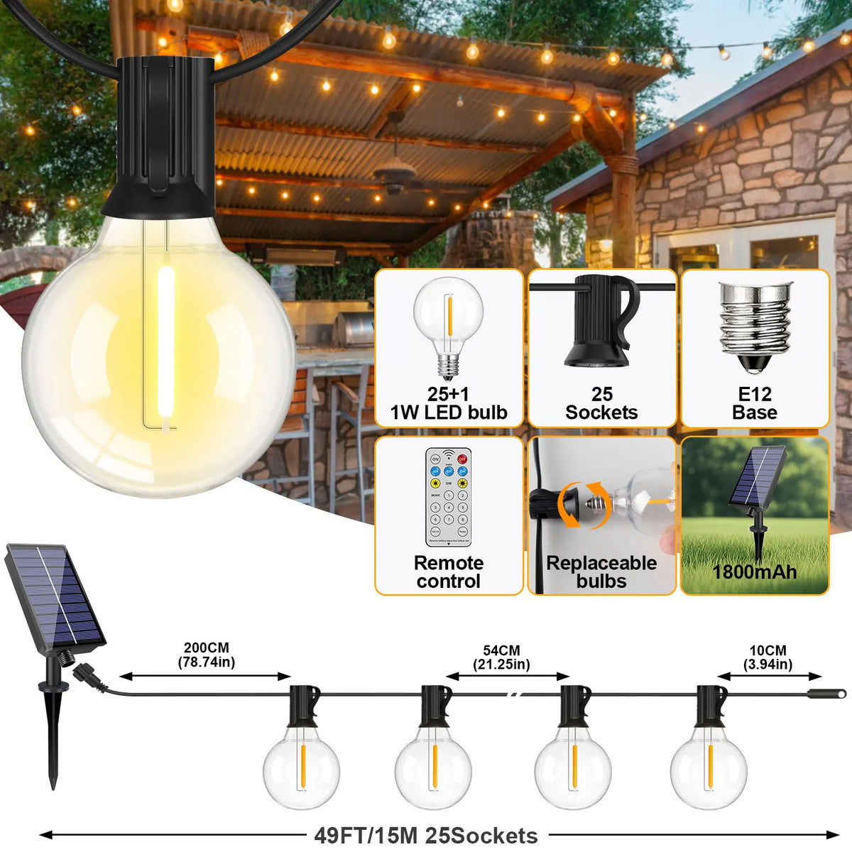 Shatterproof Solar String Lights With Remote For Outdoor Garden