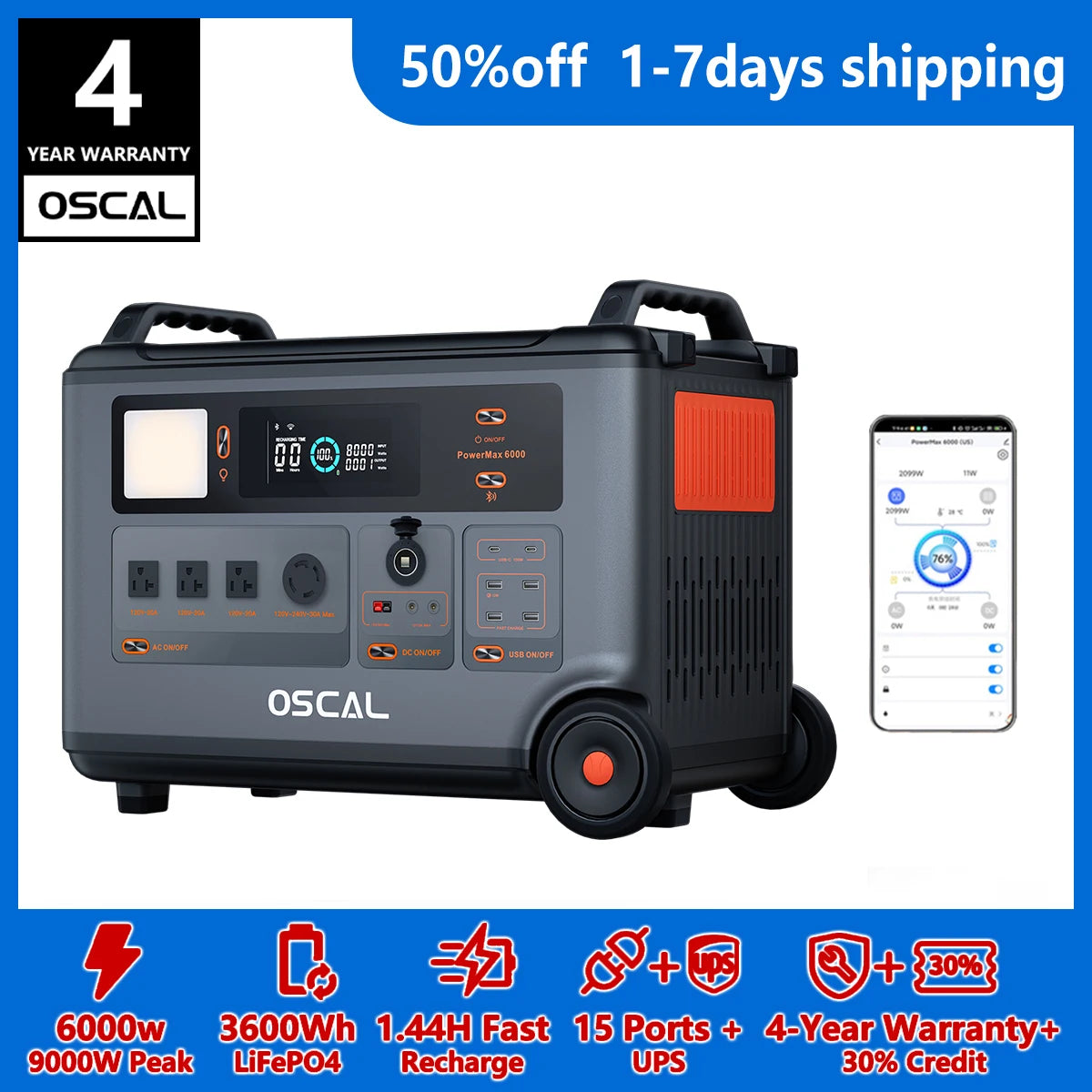 Oscal Powermax 3600Wh 6000W LifePO4 Home Solar Generator