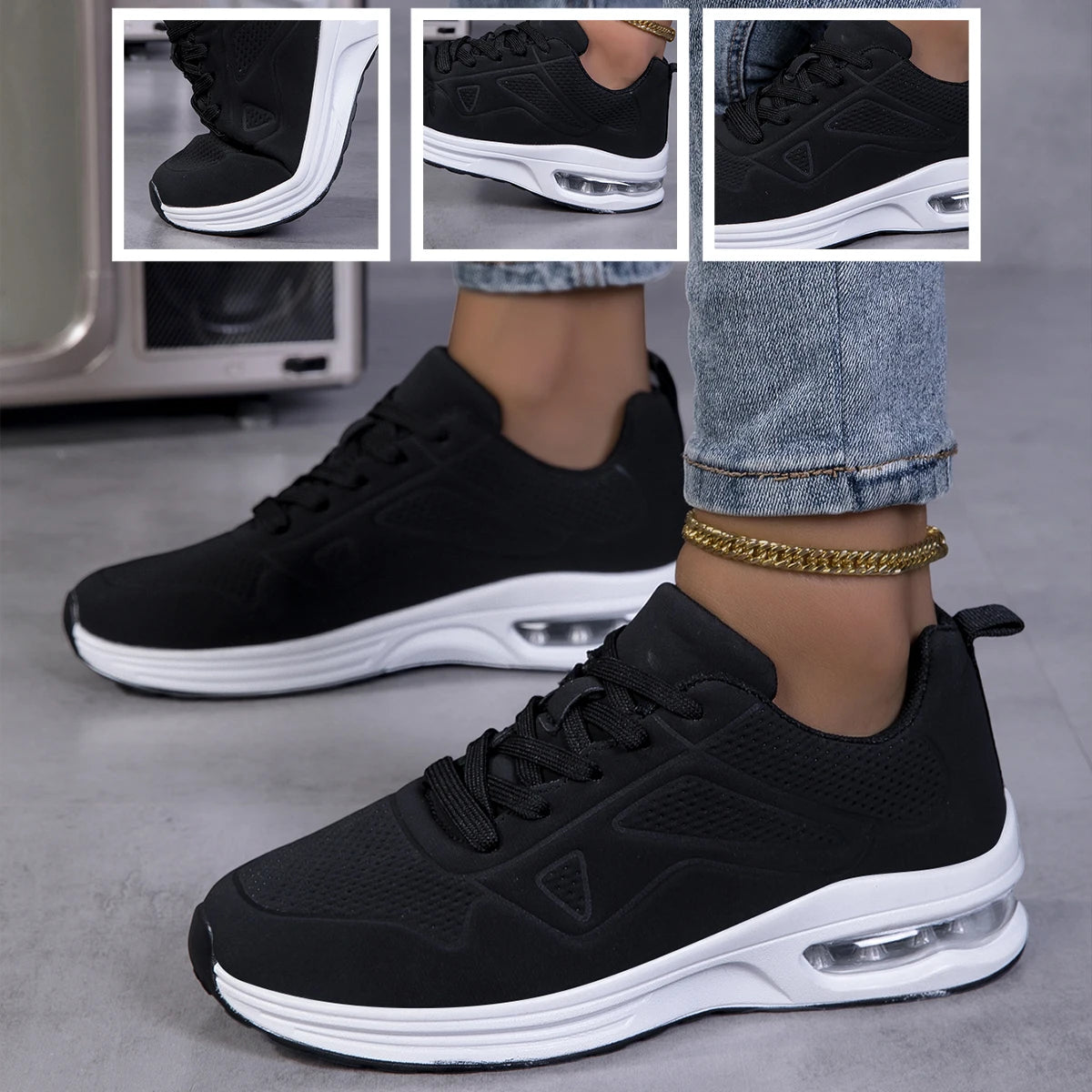 Women Solid Color Air Cushion Walking Sneakers Breathable Soft Upper Shock Absorb Non Slip Lace Up Lightweight Sports Shoes Gym Jogging Travel Daily Casual Running Footwear 2026 New