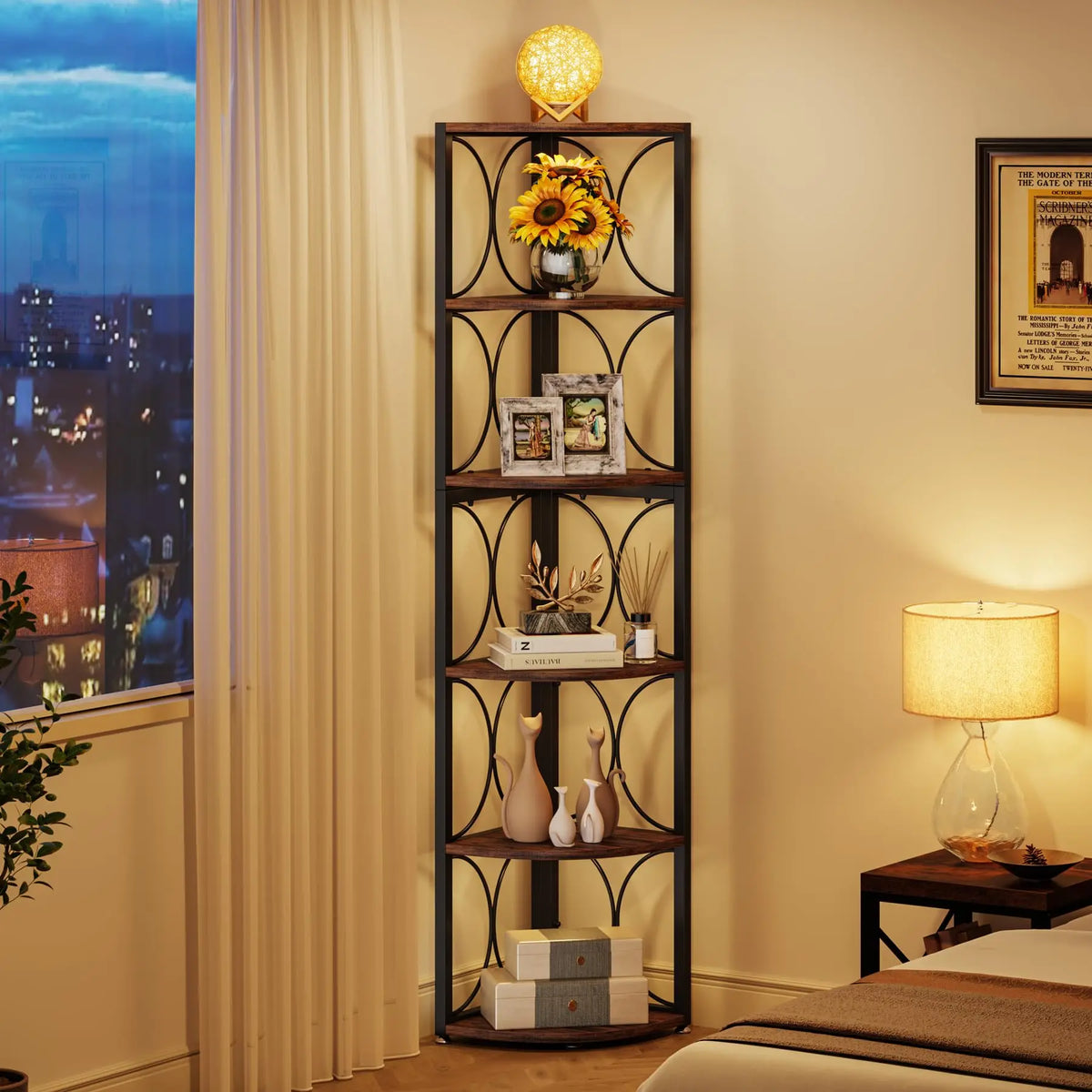 Tribesigns Rustic Six Tier Corner Bookshelf Storage Shelving Unit