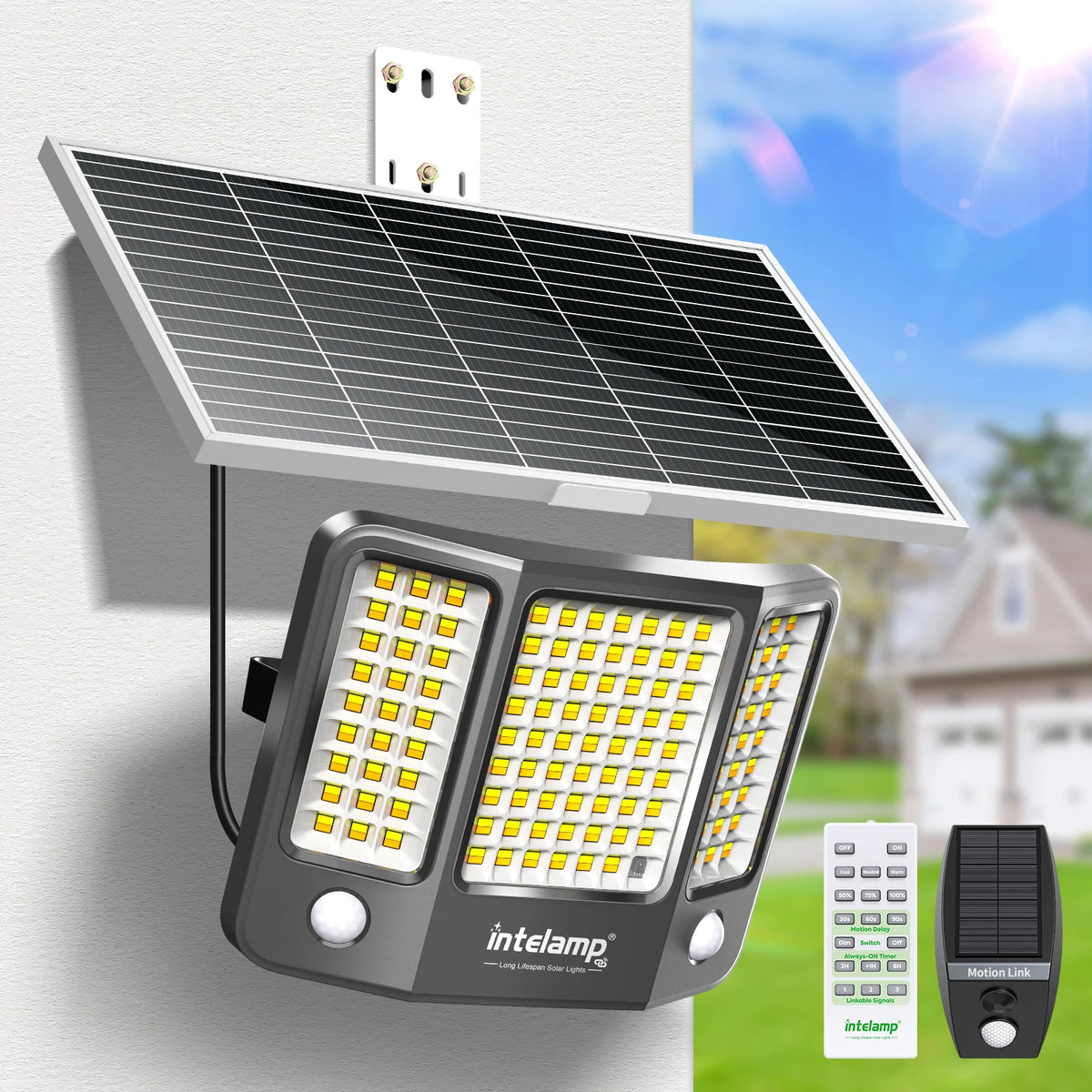 intelamp Outdoor Solar Flood Lights 20000mAh 3 Color With Super Large Solar Panel 16.4 FT Cable For Yard Backyard Porch Driveway