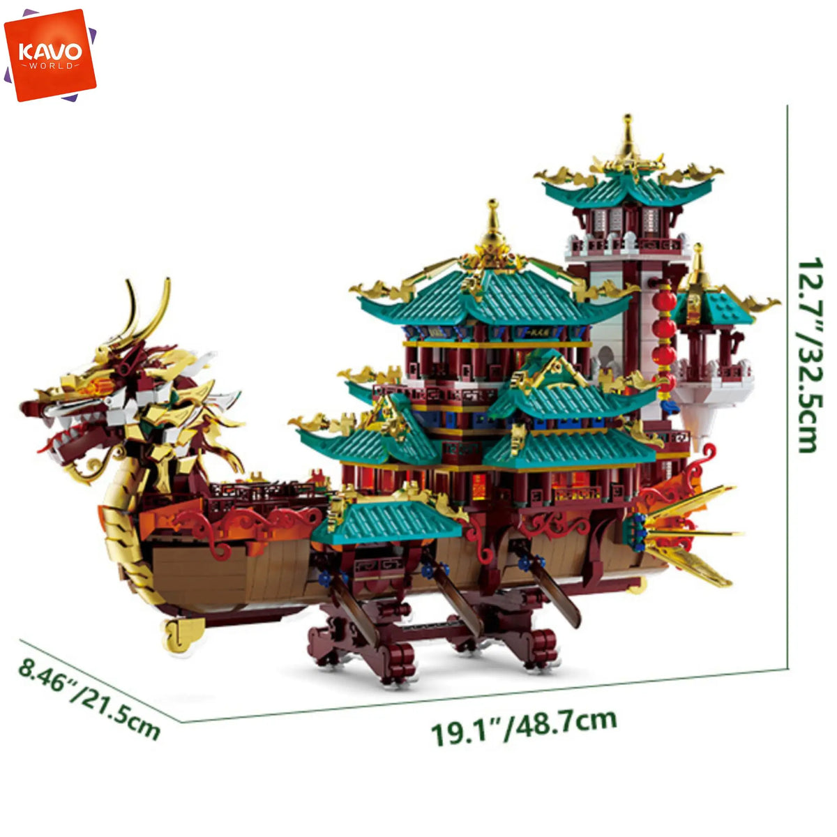 KAVOWORLD 2453pcs Dragon Boat Building Blocks Festival Chinese Ancient Pavilion Ship Display Model with LED Light Traditional DIY Loong Vessel Brick Assembly Puzzle Set Home Ornament Architecture MOC Construction Kit Hallowee
