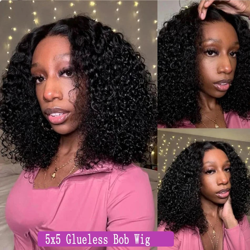 Plixir Curly Glueless Human Hair Bob Wig With Swiss Lace
