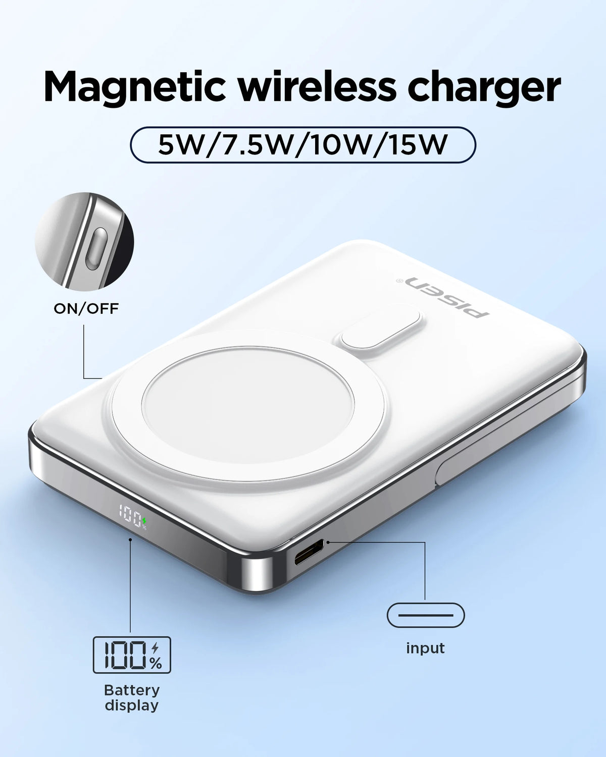 PISEN 10000mAh Magnetic Wireless Power Bank With Built In Stand