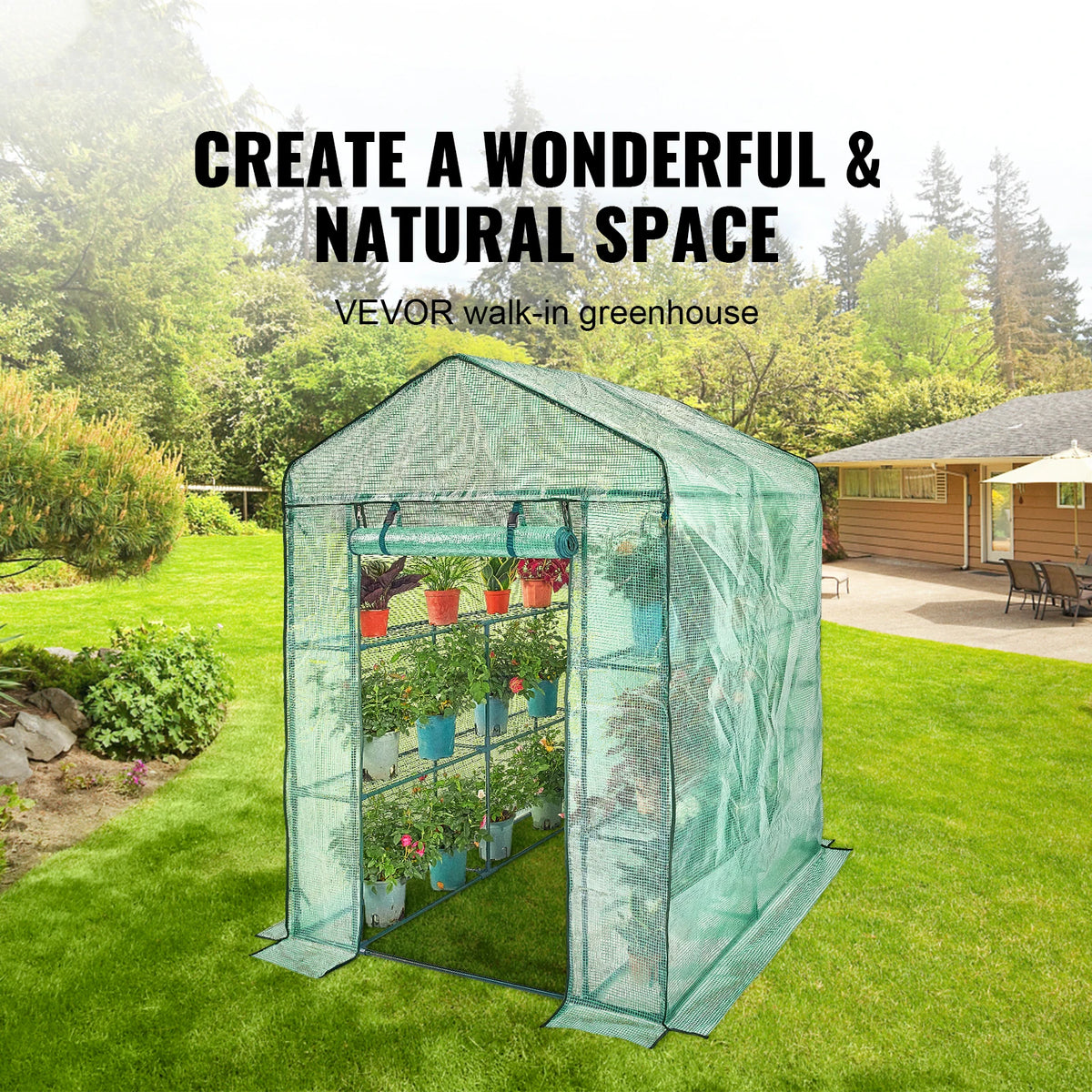 VEVOR Walk-in Green House Greenhouse with Shelves High Strength PE Cover with Doors & Windows and Steel Frame for Planting