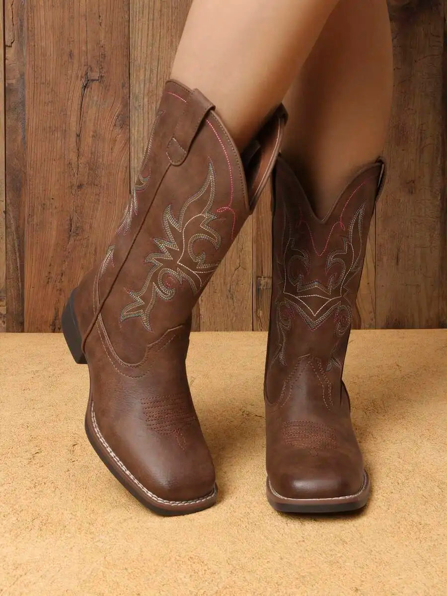 Women's Cowboy Boots Embroidered Square Toe Chunky Low Heel Mid Calf Cowgirl Western Fashionable For Theme Party Country