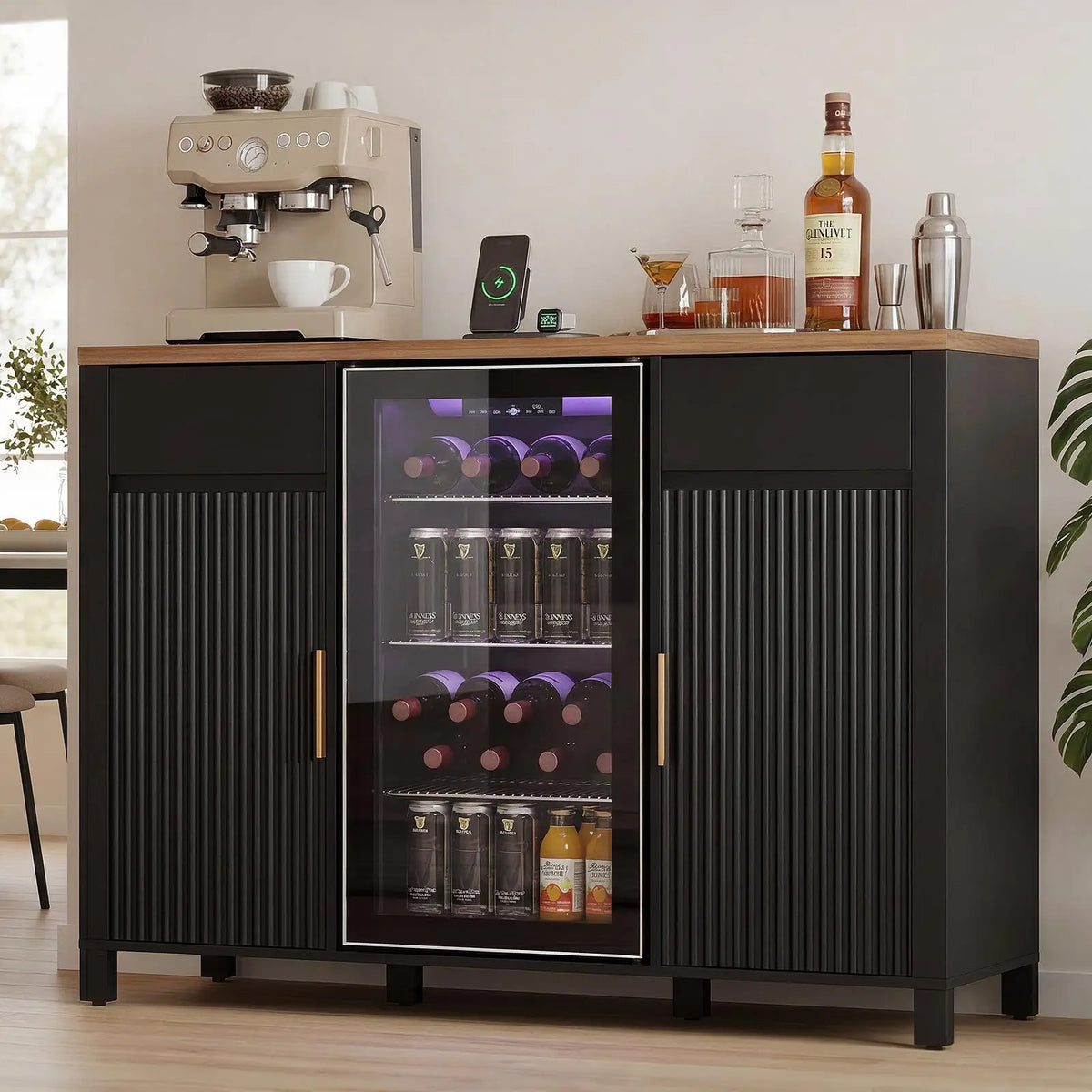 HiMISS Fluted Coffee Bar With Mini Fridge And Wine Storage