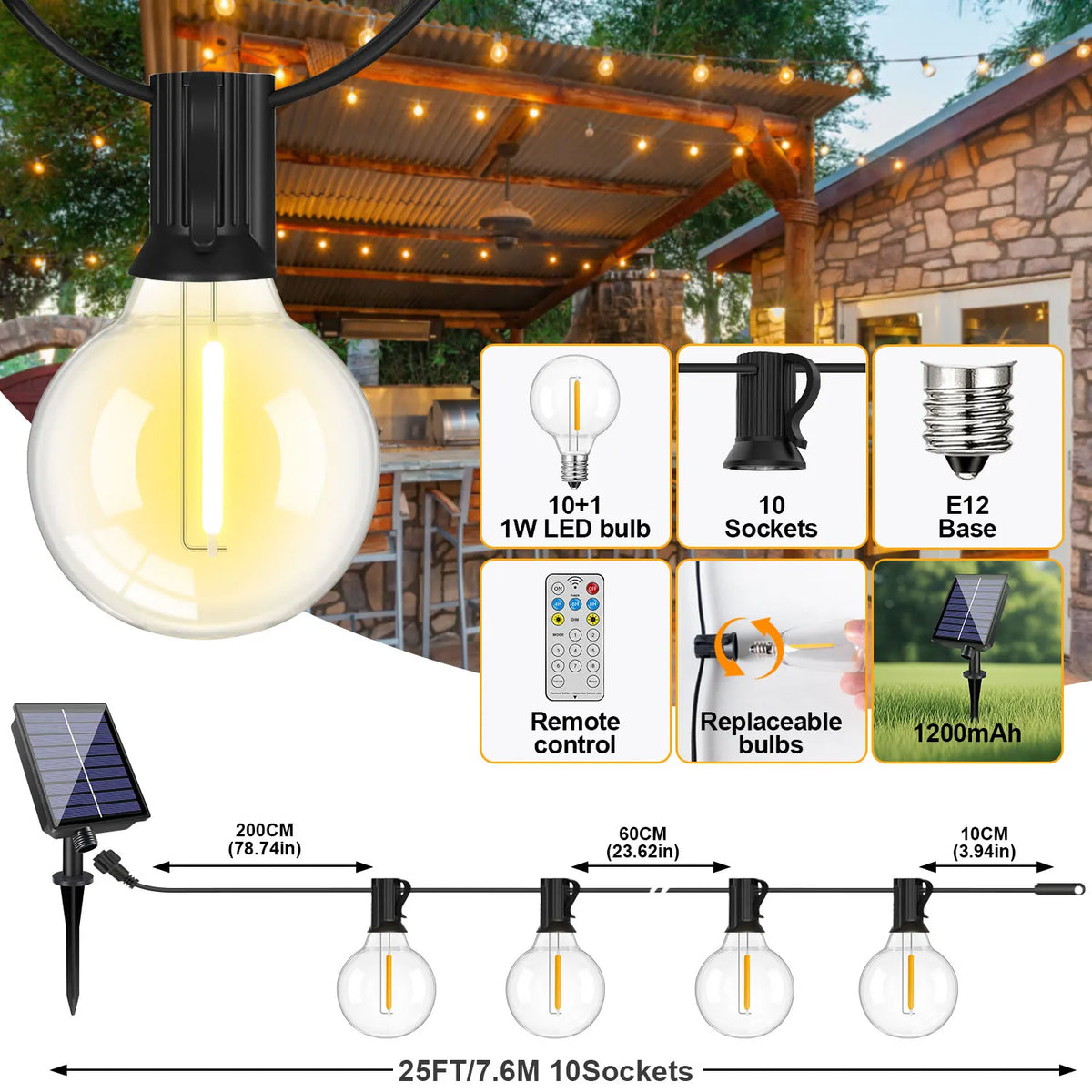 Shatterproof Solar String Lights With Remote For Outdoor Garden