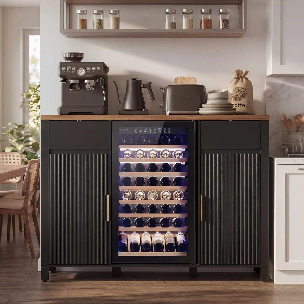 HiMISS Fluted Coffee Bar With Mini Fridge And Wine Storage