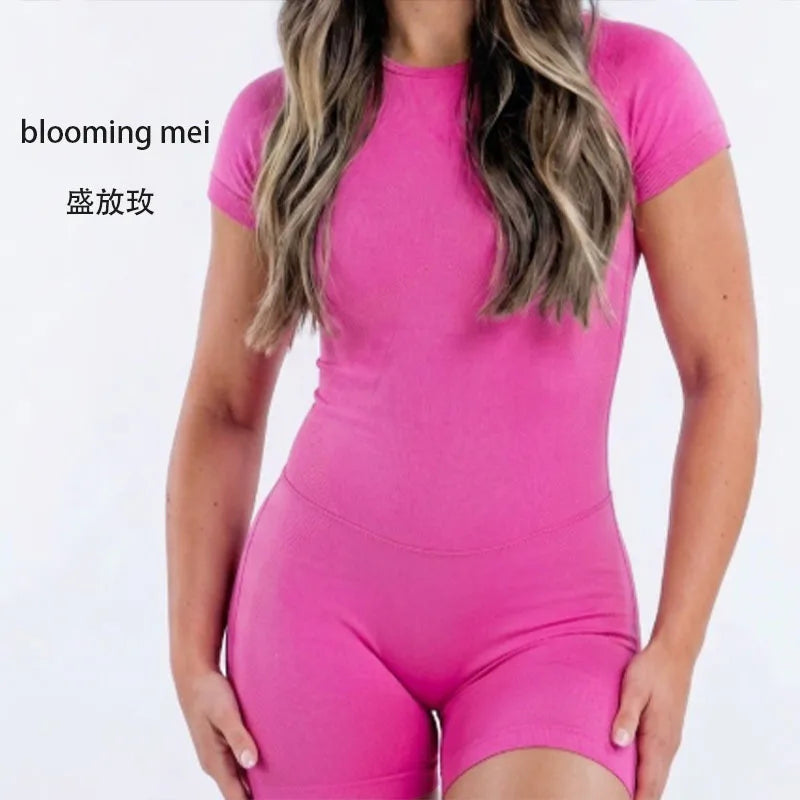 DF L0G0 Short Sleeve Seamless Yoga Bodysuit Backless Built-in Bra One Piece Romper Tummy Control Butt Lift Squat Proof Gym