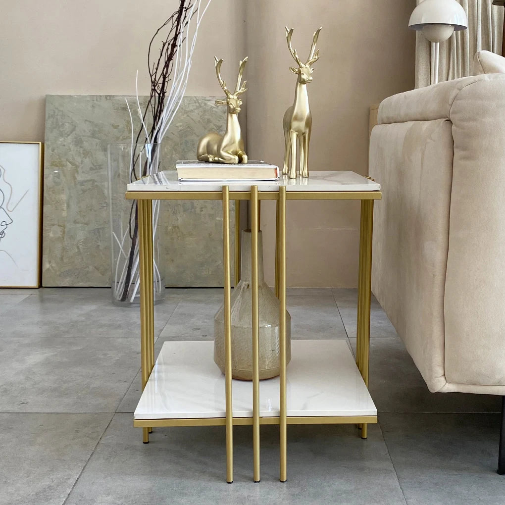 2 Tier Square Sofa Side Table Metal Gold Frame Sintered Stone Table Top Accent End Table Nigthstand for Living Room Bedroom Office