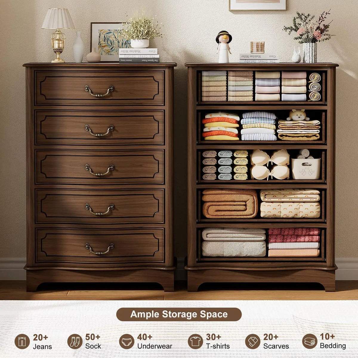 Farmhouse Five Drawer Bedroom Dresser With Rustic Wood Storage