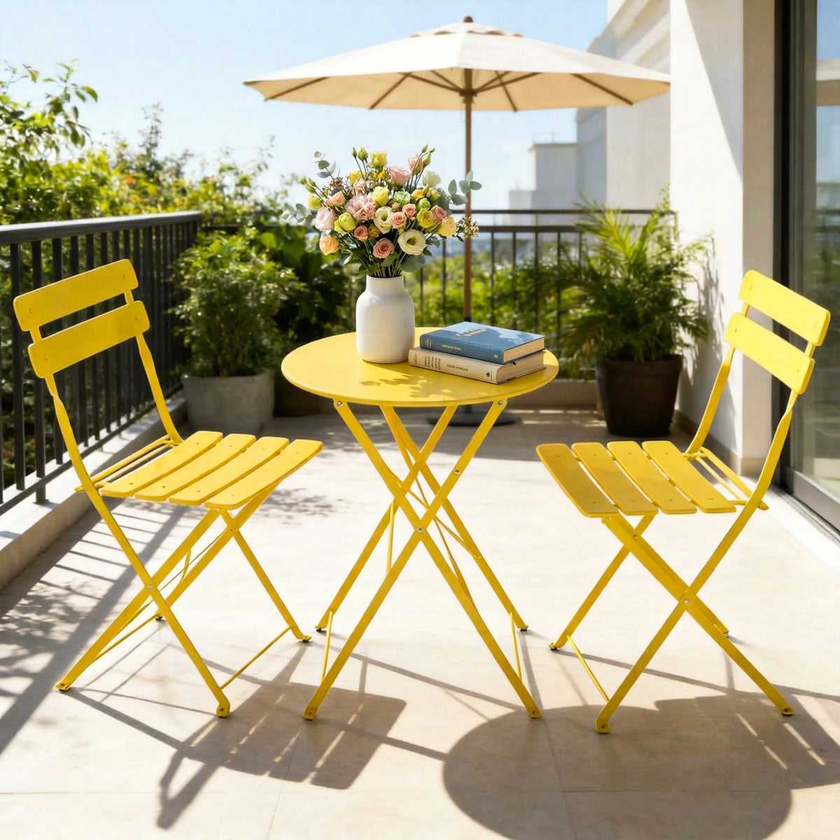 3‑Piece Folding Steel Bistro Set, Weather‑Resistant Patio Table & 2 Chairs, Outdoor Indoor Furniture for Balcony Garden Yard Poolside