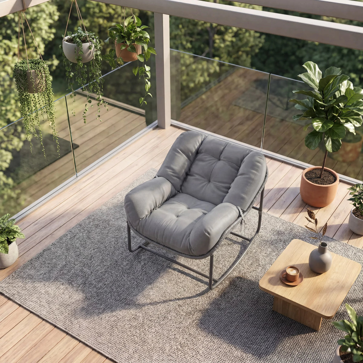 Outdoor Rocking Chair Oversized Egg-Shaped Wicker with Soft Cushion All-Weather Waterproof Rattan 330 lbs Capacity – for Patio, Garden, Balcony, Porch