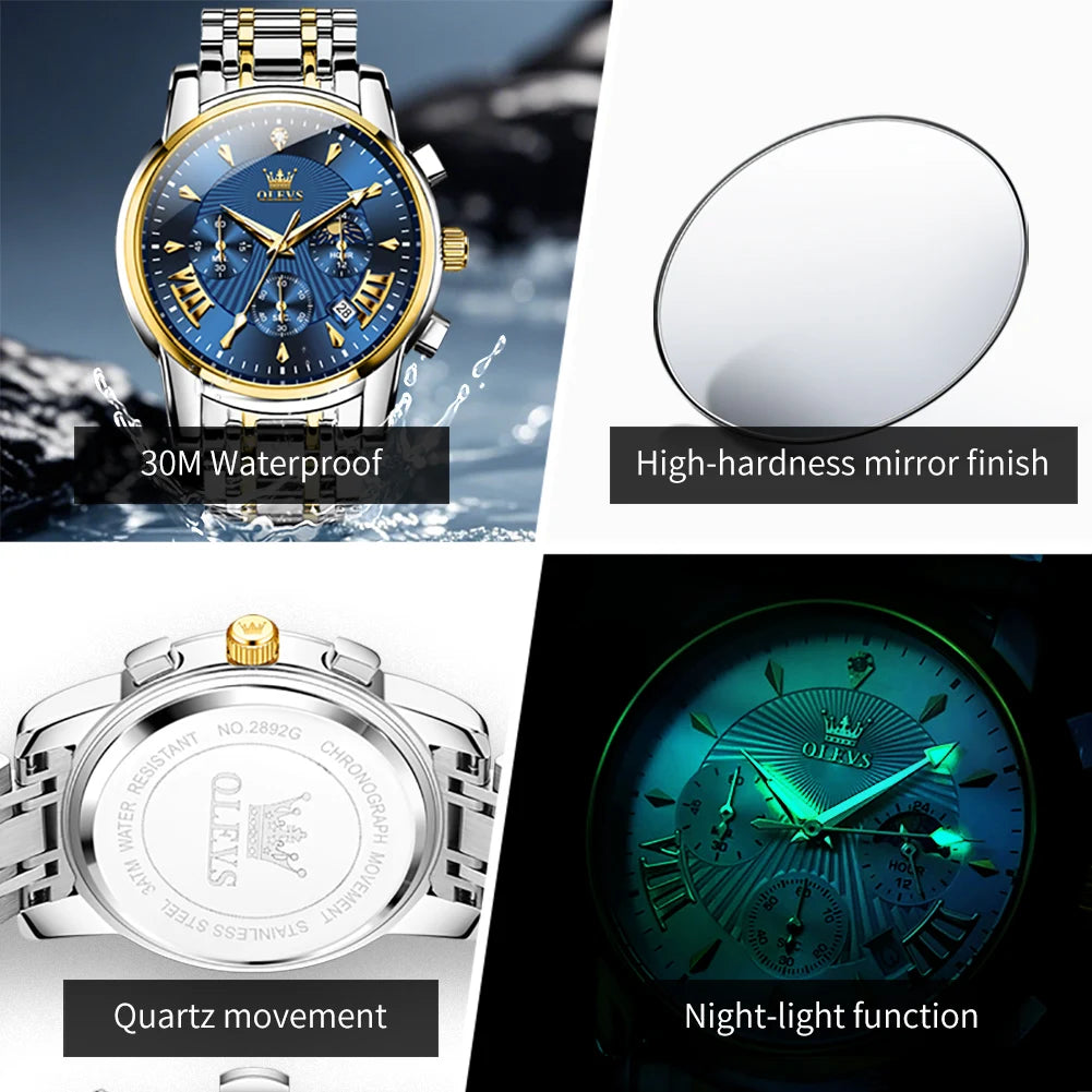 OLEVS Moon Phase Quartz Watch With Calendar And Night Light